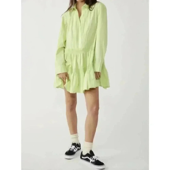 Free People Billie Mini Dress Long Sleeve Ruffle Womens Size L NWT Green - Picture 15 of 15